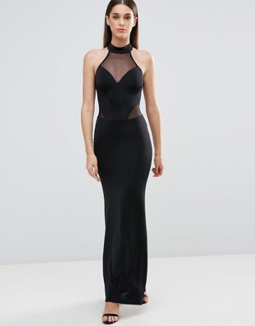Sistaglam Halterneck Maxi Dress With Mesh Inserts - Black