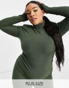 I Saw It First Plus Contrast Ribbed Turtle Neck Top With Shoulder Pads In Green