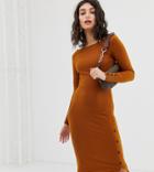 River Island Bodycon Midi Dress With Buttons In Orange - Orange