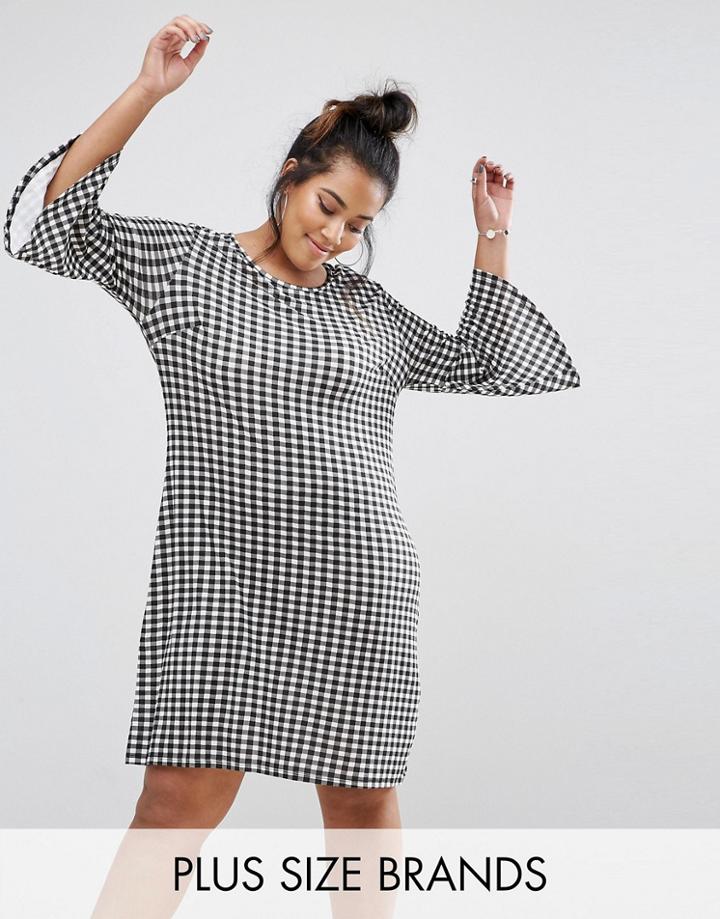 Pink Clove Gingham Print Skater Dress With Fluted Sleeve - Black