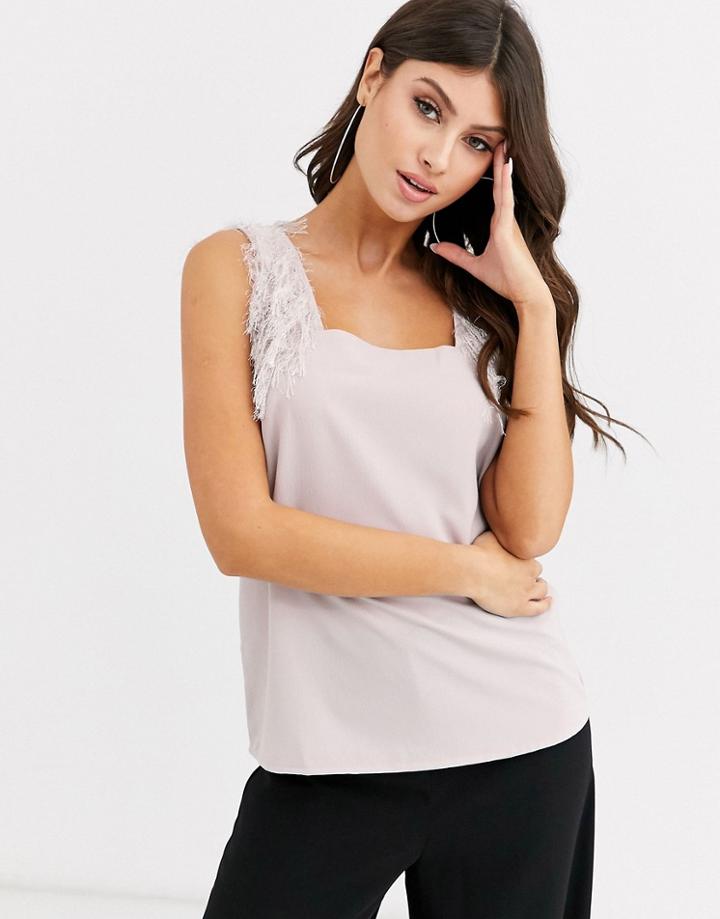 Asos Design Square Neck Cami With Faux Feather Straps
