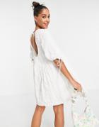 Asos Design Textured Cut Out Back Detail Mini Smock Dress With Ties In White