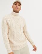 Asos Design Heavyweight Cable Knit Roll Neck Sweater In Oatmeal-beige