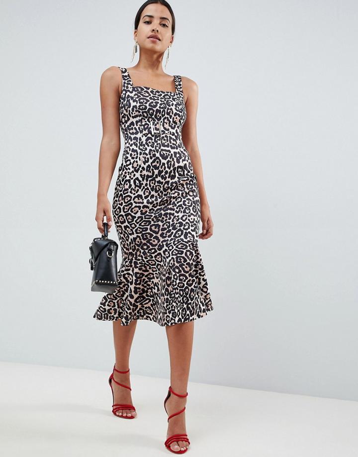 Asos Design Leopard Print Pep Hem Pencil Dress With Buckle - Multi
