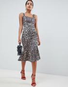 Asos Design Leopard Print Pep Hem Pencil Dress With Buckle - Multi