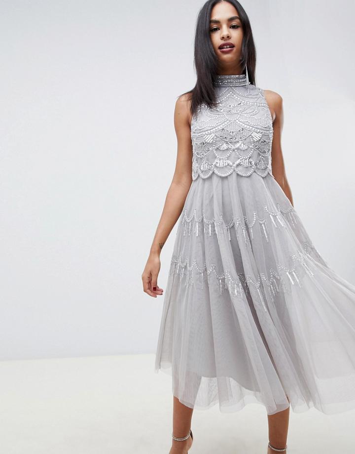 Asos Design Midi Dress With Scallop Embellished Crop Top - Silver