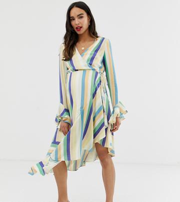 Wild Honey Maternity Wrap Asymmetric Dress In Stripe-multi
