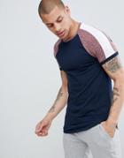 Asos Design Muscle Fit Longline T-shirt With Curved Hem And Contrast Split Raglan Sleeves In Interest Fabric - Navy