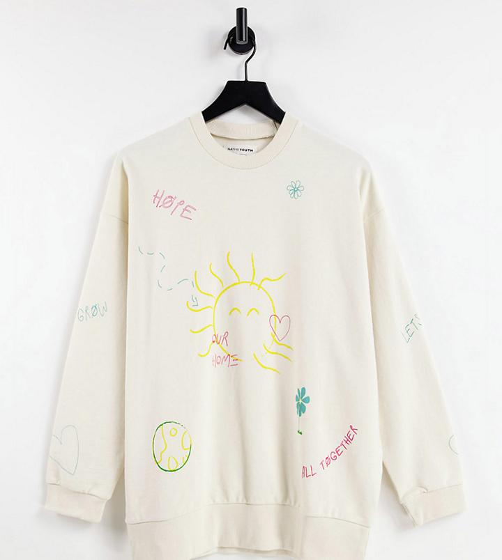 Native Youth Oversized Cocoon Sweatshirt With Positive Doodles Print-white