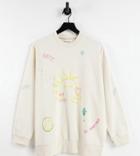 Native Youth Oversized Cocoon Sweatshirt With Positive Doodles Print-white