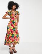 Topshop Bold Floral Tie Front Midi Dress In Multi