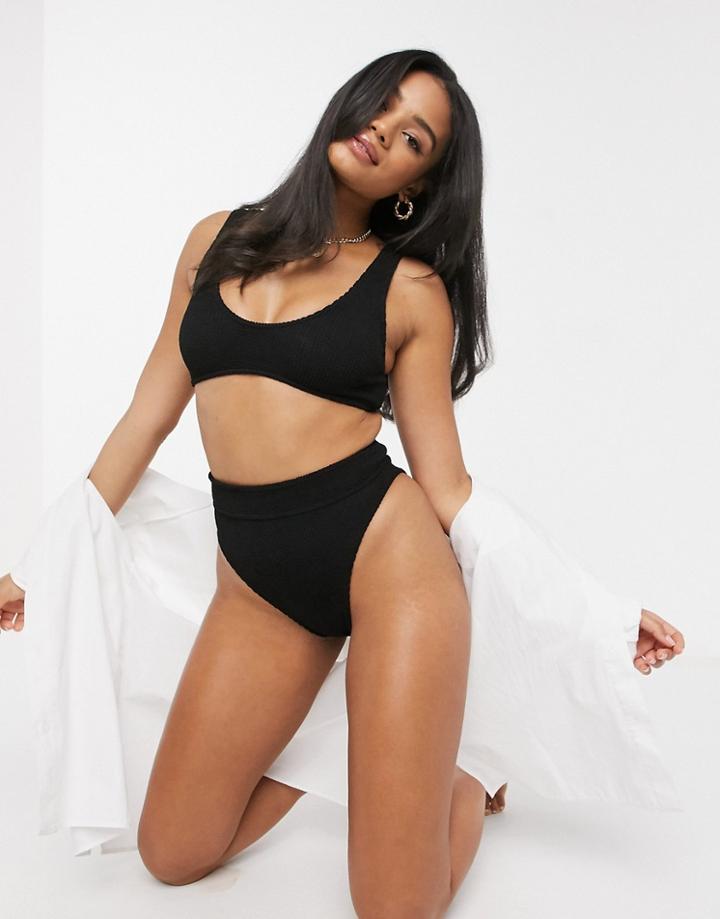 Asos Design Mix And Match Crinkle Micro Crop Bikini Top In Black