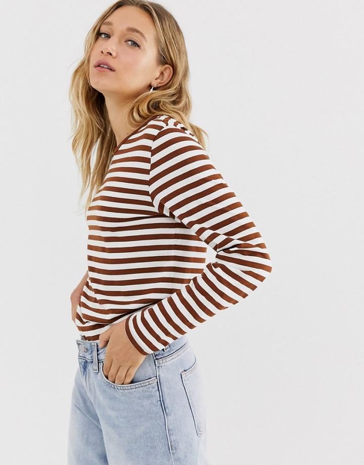 Monki Organic Cotton Long Sleeve Crew Neck Top In Rust And White Stripe-multi