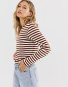 Monki Organic Cotton Long Sleeve Crew Neck Top In Rust And White Stripe-multi