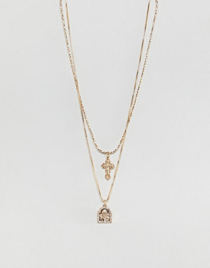 Asos Design Multirow Necklace With Vintage Style Cross And Icon With Crystals In Gold - Gold