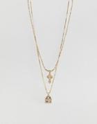 Asos Design Multirow Necklace With Vintage Style Cross And Icon With Crystals In Gold - Gold