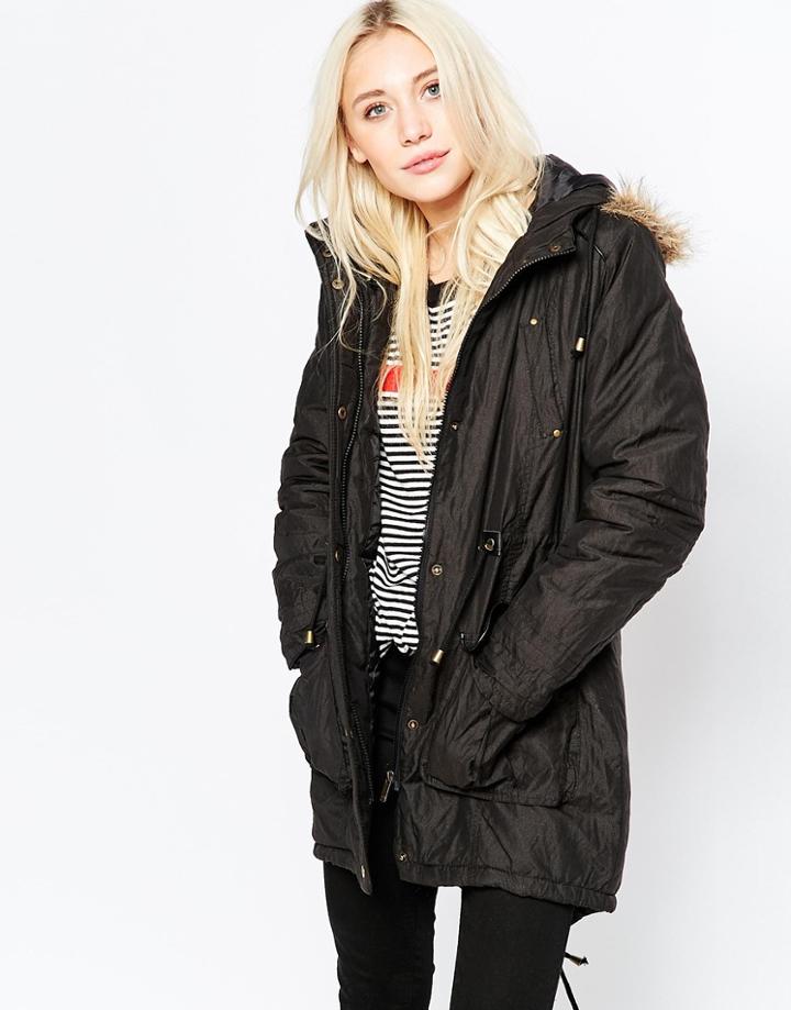 Brave Soul Metallic Thread Parka With Faux Fur Hood - Black