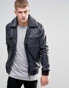Pepe Conduit Leather Bomber Jacket Shearling Collar Navy - Navy