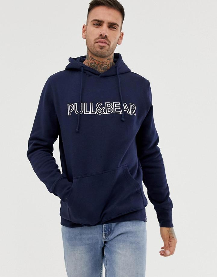 Pull & Bear Logo Hoodie In Navy - Navy