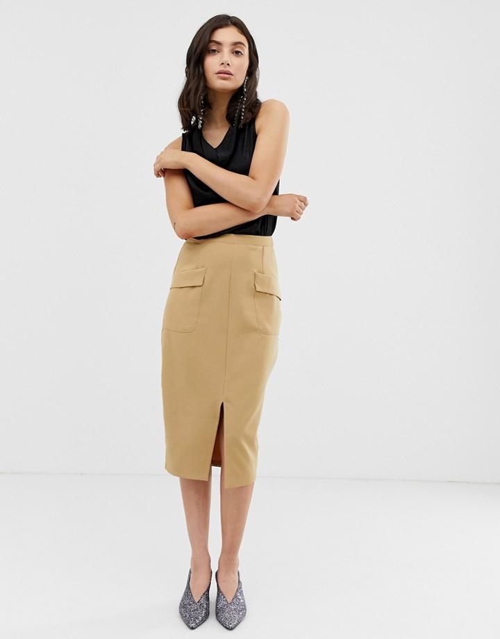 Unique21 Tailored High Waist Midi Skirt With Front Pockets - Tan