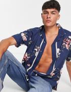 Abercrombie & Fitch Floral Print Border Short Sleeve Resort Shirt In Navy