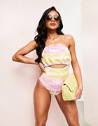 Asos Luxe Fan Detail Bandeau Swimsuit In Scarf Print-multi