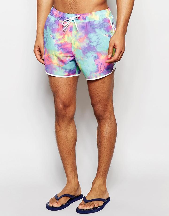 Asos Short Length Runner Swim Shorts With Neon Tie Dye Print - Multi