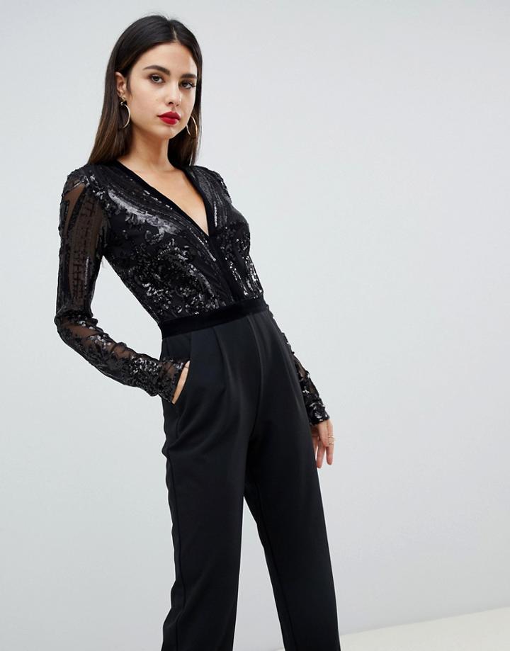 Goddiva Sequin Embellished Plunge Jumpsuit In Black - Black
