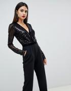 Goddiva Sequin Embellished Plunge Jumpsuit In Black - Black