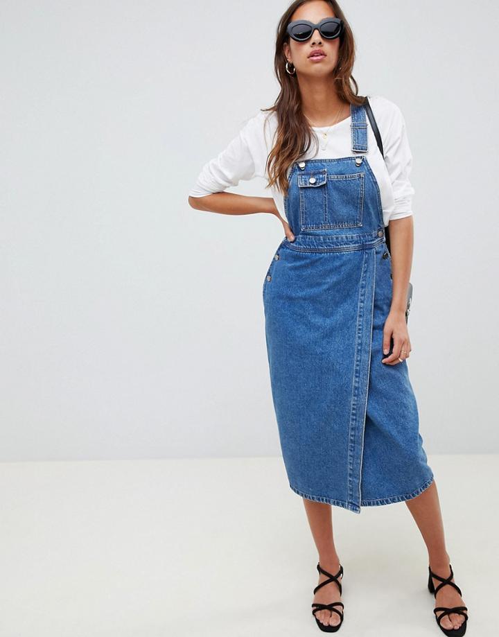 Asos Design Denim Midi Overall Dress In Mid Wash Blue - Blue