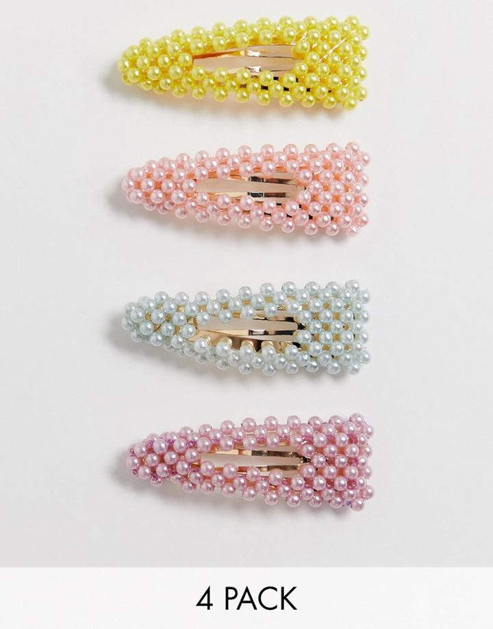 Asos Design Pack Of 4 Hair Clips In Mixed Color Pearls - Multi