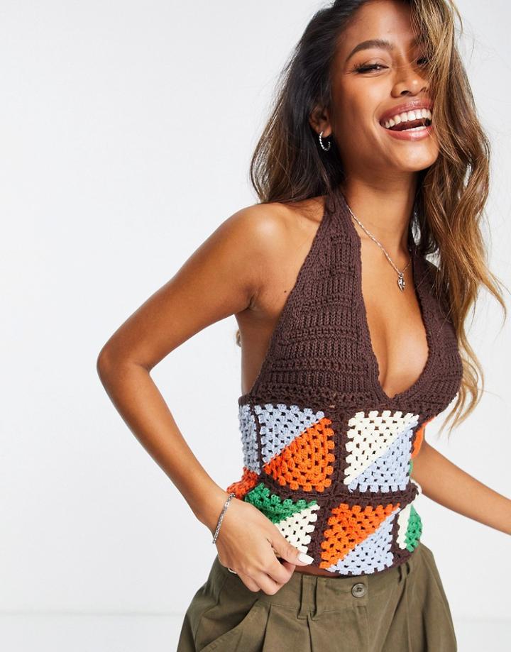 Asos Design Crochet Halter Cami In Brown Patchwork