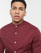 Asos Design Stretch Skinny Fit Shirt In Burgundy With Grandad Collar-red