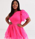 Lace & Beads Plus Puff Ball Sleeve Mini Prom Dress In Neon Pink