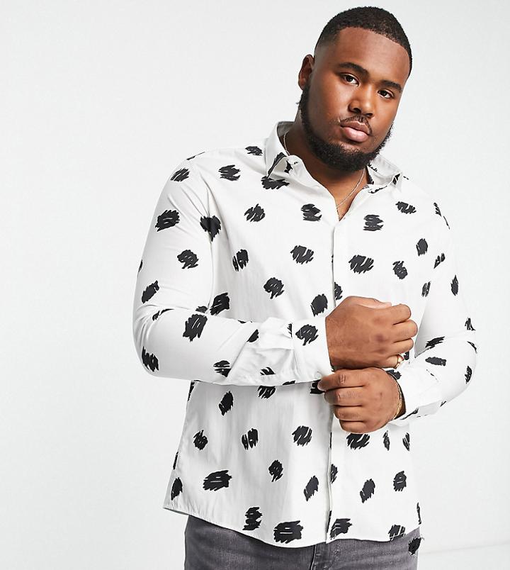 Twisted Tailor Plus Dalma Shirt In With With Black Paintbrush Dots-white