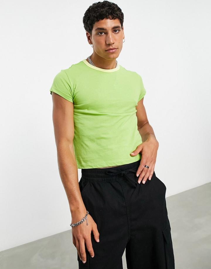Asos Design Muscle Fit Cropped T-shirt In Green With Yellow Contrast Ringer