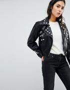 Asos Pearl Leather Look Biker Jacket - Black