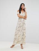 Ax Paris Cold Shoulder Floral Maxi Dress With Tie Waist - Cream