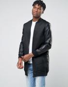 Bl7ck Longline Mesh Bomber Jacket With Leather Look Sleeves - Black
