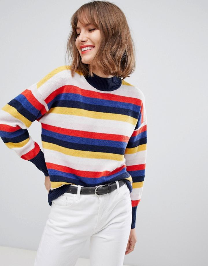 Esprit High Neck Lightweight Sweater In Multi Stripe - Multi