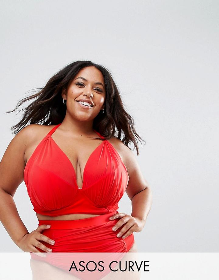 Asos Curve Drape Halter Supportive Tankini - Red