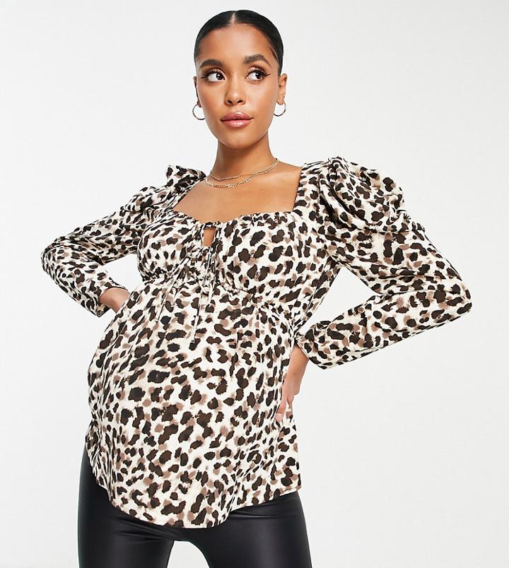 Topshop Maternity Tie Front Peplum Blouse In Animal Print-multi