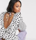 Reclaimed Vintage Inspired Cotton Top With Volume Sleeve And Frill Detail In Mono Daisy Print-white