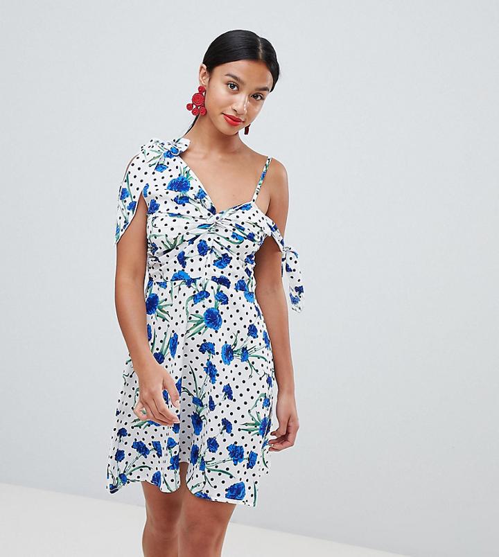 Boohoo Petite Polka And Floral Cold Shoulder Mini Dress - Multi
