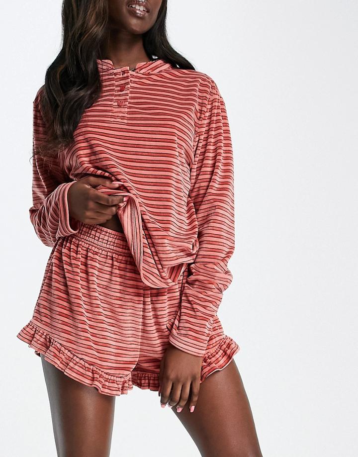 Asos Design Lounge Stripe Velour Henley Top & Short Set In Rust-red