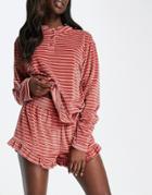 Asos Design Lounge Stripe Velour Henley Top & Short Set In Rust-red