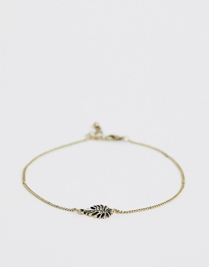 Asos Design Chain Anklet With Leaf Charm In Burnished Gold - Gold