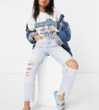 Bershka Organic Cotton Petite Mom Jeans With Distressed Hem In Light Blue-blues
