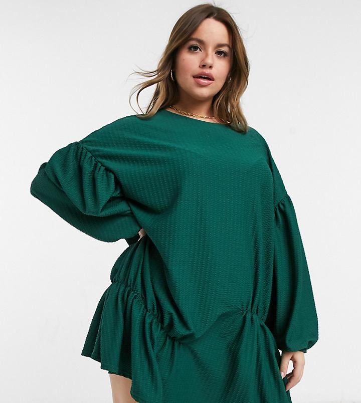 Asos Design Curve Textured Long Sleeve Smock Dress With Seam Detail In Forest Green