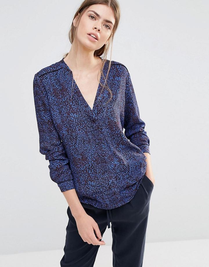 See U Soon Shirt With V Neck In Leaf Print - Blue